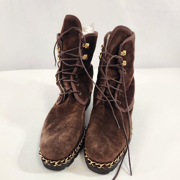 Browns Suede Lace Up Boots Size 37 Made in Italy Chain Accent Leather Rubber - Picture 2 of 11